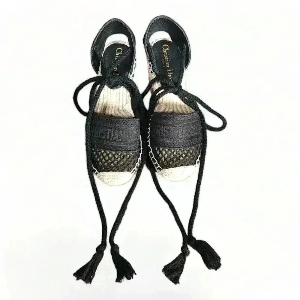 Christian Dior Granville Espadrille Wedge Black Women's 5 Textile Tie 36 - Picture 4 of 9